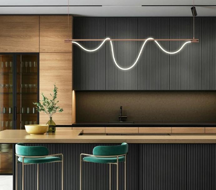 Modern kitchen with a bar, cabinets, and stools